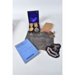 A PAIR OF WWI MEDALS, DOG TAGS, BIBLE ETC, the medals are correctly named to PVT G-34605 W.M.