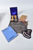 A PAIR OF WWI MEDALS, DOG TAGS, BIBLE ETC, the medals are correctly named to PVT G-34605 W.M.
