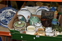 TWO BOXES OF CERAMICS, to include two large blue and white meat plates, two early 20th century