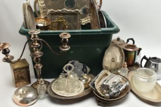 A GREEN PLASTIC BOX OF WHITE METAL WARE, to include a three branch silver plated candelabra, a white