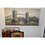 A SMALL COLLECTION OF PAINTINGS AND PRINTS, to include a large decorative unsigned view of Tower