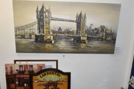 A SMALL COLLECTION OF PAINTINGS AND PRINTS, to include a large decorative unsigned view of Tower