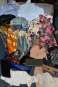 FIVE BOXES OF MEN'S CLOTHING, to include over forty shirts, long and short sleeved, hats sweaters,