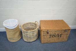 A FORTNUM AND MASON WICKER BASKET, width 80cm x depth 54cm x height 51cm, along with a cylindrical