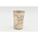 A RUSSIAN SILVER VODKA CUP, engraved decoration of flowers, marked to the underside, height 4.5cm,