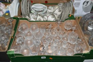 FIVE BOXES OF CERAMICS AND GLASSWARE, to include a large quantity of Johson Brothers 'Indian Tree'