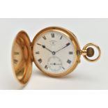 AN EARLY 20TH CENTURY, 18CT GOLD 'ROTHERHAMS' FULL HUNTER POCKET WATCH, manual wind, round white