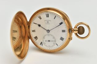 AN EARLY 20TH CENTURY, 18CT GOLD 'ROTHERHAMS' FULL HUNTER POCKET WATCH, manual wind, round white