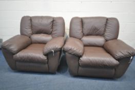 A PAIR OF BROWN LEATHER MANUAL RECLINING ARMCHAIRS, width 112cm x depth 98cm x height 100cm (