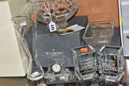 SIX PIECES OF BOXED AND LOOSE WATERFORD CRYSTAL, comprising a pair of 'Metropolitan Votive' square