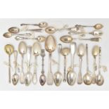 A BAG OF LATE 19TH AND 20TH CENTURY RUSSIAN SILVER AND WHITE METAL SPOONS, various patterns and