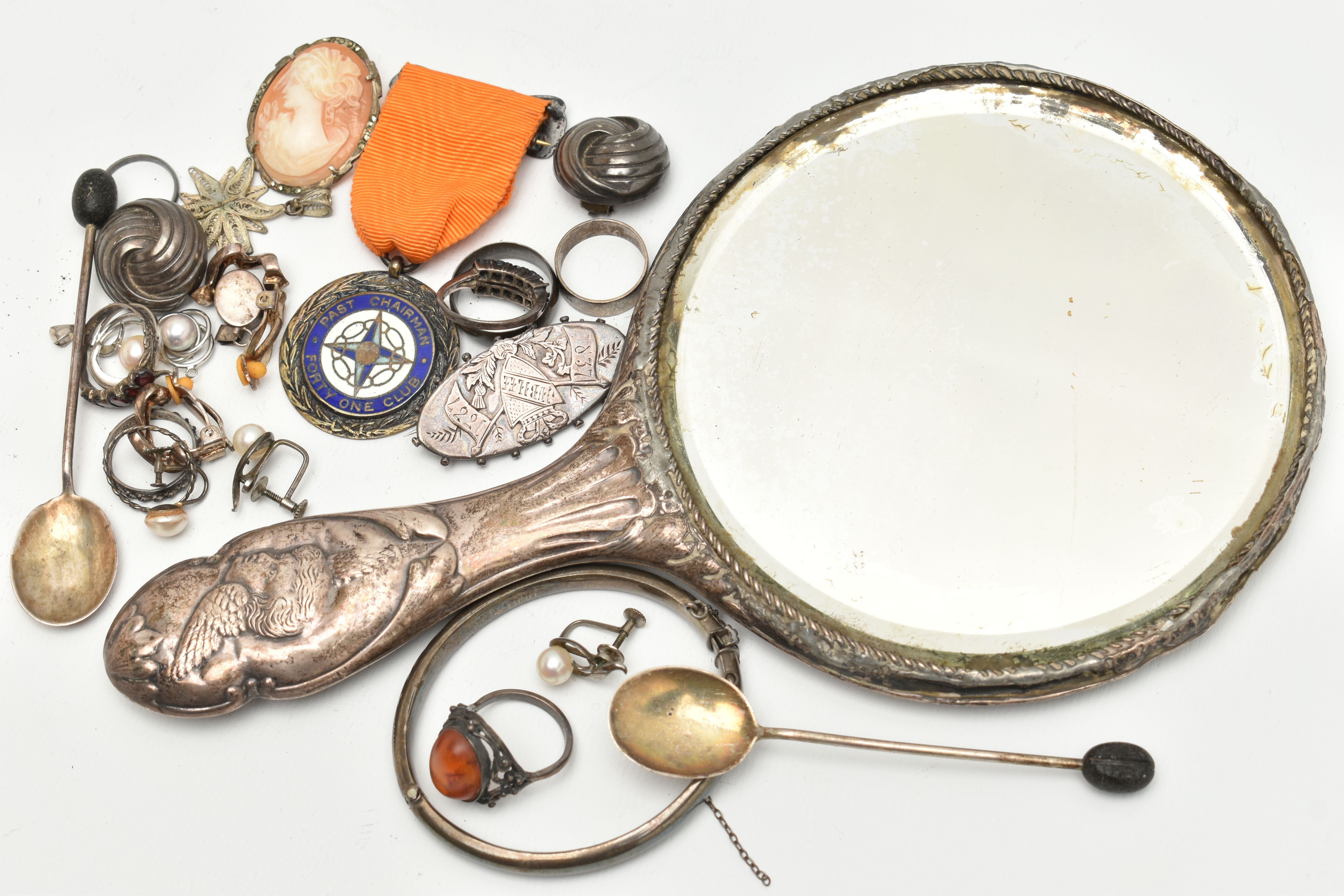 A BAG OF JEWELLERY AND A SILVER VANITY MIRROR, to include a silver hinged bangle, hallmarked - Image 4 of 4