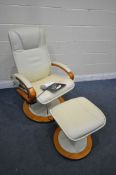 AN AKITA CREAM LEATERETTE 10 FUNCTION MASSAGING RECLINING ARMCHAIR, with a matching footstool (