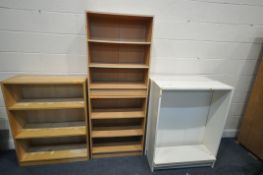 A SELECTION OF IKEA OPEN BOOKCASES, to include three beech effect bookcases and two white