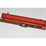 A CASED POWER GLIDE ARENA EMBASSY WORLD SNOOKER TWO PIECE CUE, complete and in good condition with