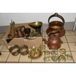 A BOX AND LOOSE OF METALWARE, ETC, including an electric copper kettle, a Middle Eastern copper