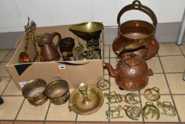A BOX AND LOOSE OF METALWARE, ETC, including an electric copper kettle, a Middle Eastern copper