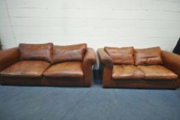 A LAURA ASHLEY LIGHT BROWN LEATHER TWO PIECE SUITE, comprising a four seater settee, length 230cm