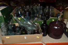 THREE BOXES OF VINTAGE BOTTLES AND STONEWARE FLAGONS, to include a dark brown stoneware flagon/