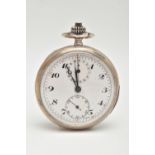 AN OPEN FACE POCKET WATCH, with white face, two subsidiary dials, black Arabic numerals, inner