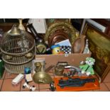 TWO BOXES OF METALWARE, TABLE LAMPS AND FRAMED PRINTS, to include a large brass bird cage with two
