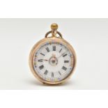 A LADY'S OPEN FACE POCKET WATCH, the white face with black Roman numerals and floral detail to the