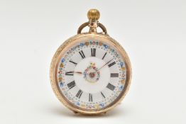 A LADY'S OPEN FACE POCKET WATCH, the white face with black Roman numerals and floral detail to the