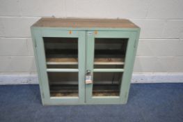 A 20TH CENTURY PINE PAINTED HANGING GLAZED TWO DOOR CABINET, width 92cm x depth 38cm x height