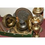 ONE BOX OF BRASS AND COPPERWARE, comprising an Argentinian white metal mounted Yerba Mate hand