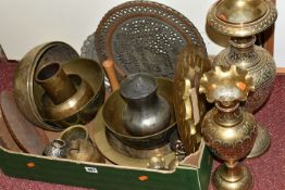 ONE BOX OF BRASS AND COPPERWARE, comprising an Argentinian white metal mounted Yerba Mate hand