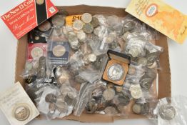 A CARDBOARD TRAY CONTAINING 20th CENTURY COINAGE, to include over 2 Kilos of .500 Silver with high