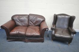 A BROWN LEATHER TWO SEATER SETTEE, length 156cm x depth 90cm x height 83cm, and a similar brown