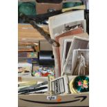 TWO BOXES OF EPHEMERA, CUTLERY, COMPACTS, COLLECTABLES, TWO AMBROTYPES, ETC, including eight cabinet