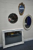 A WHITE PAINTED RECTANGULAR BEVELLED EDGE WALL MIRROR, 12cm x 92cm, a frameless mirror, and two