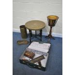 A BRASS TOP CIRCULAR TABLE, on a separate barley twist base, diameter 60cm x height 59cm, two