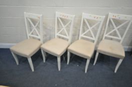 A SET OF FOUR BENTLEY DESIGN PAINTED CHAIRS (condition report: cushions faded and stained)