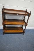 A VICTORIAN MAHOGANY THREE TIER BUFFET, with turned supports, width 90cm x depth 40cm x height 105cm