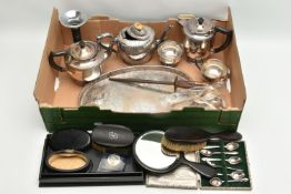 A BOX OF ASSORTED ITEMS, to include an Ebony vanity set, a four piece tea set, a tea pot and an