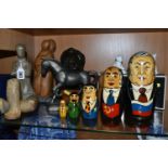 A GROUP OF ASSORTED FIGURES, comprising a carved stone modernist figure marked on the base Zevieira-