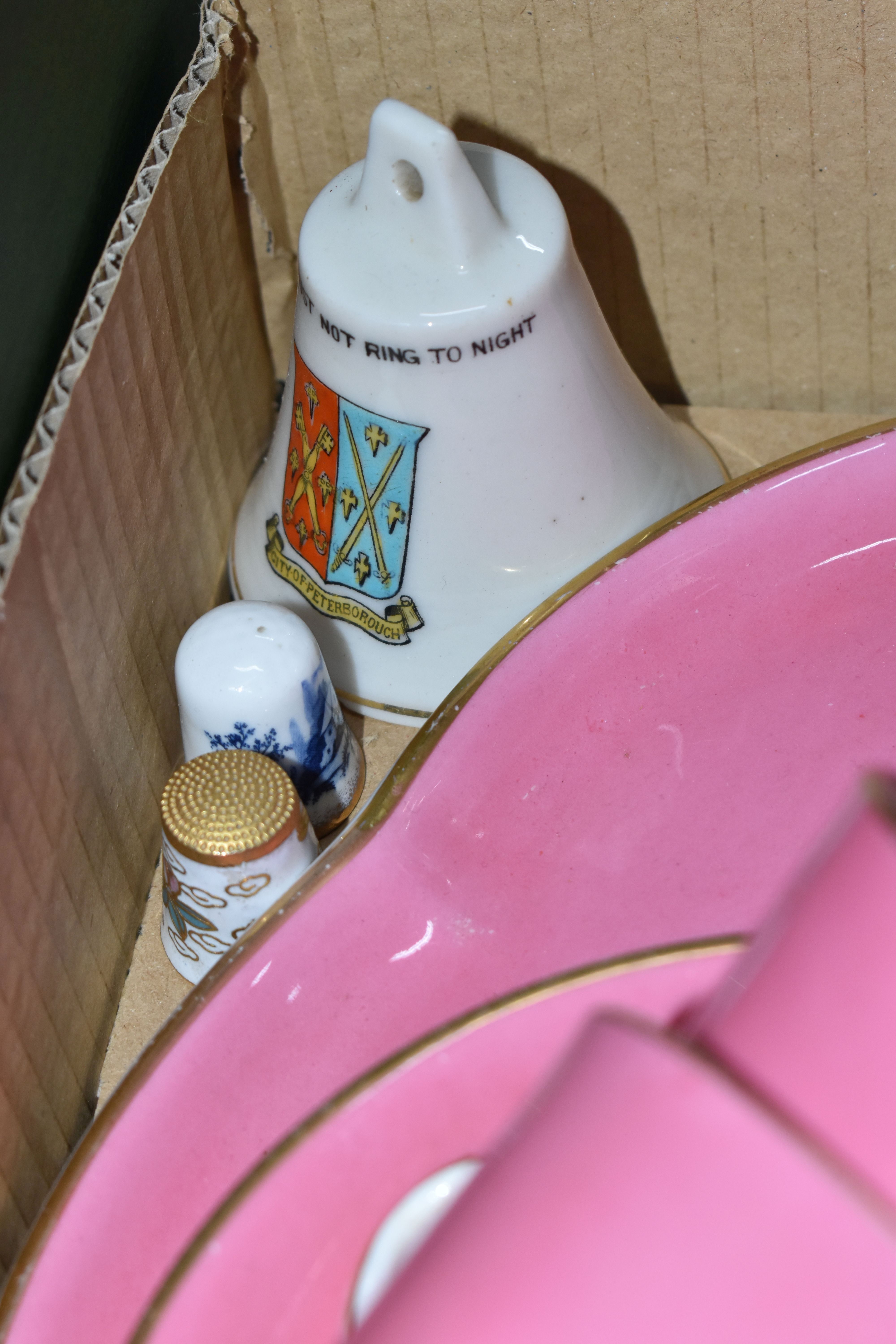 THREE BOXES OF CERAMICS, to include a pink and white gilt tea set of teapot, tray, sugar bowl, - Image 6 of 8