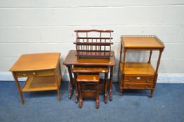A MAHOGANY LAMP TABLE STAND, with a brass gallery and two drawers, along with an oak nest of three