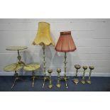A SELECTION OF FRENCH ONYX STYLE AND BRASS OCCASIONAL FURNITURE, to include three circular tripod
