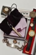 A BOX OF ASSORTED ITEMS, to include a heavy silver identification bracelet, polished tag fitted with