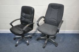 A GREY UPHOLSTERED SWIVEL OFFICE CHAIR, with open armrests, and a black leatherette swivel office