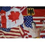 A BOX OF FLAGS, to include two Union flags, largest 117cm x 168cm, a Canadian flag, a West German