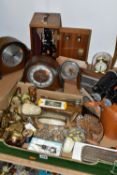 A CASED BECK MICROSCOPE, FOUR VARIOUS MANTEL CLOCKS AND A BOX OF BRASSWARE, CAR BADGES, DRESSING