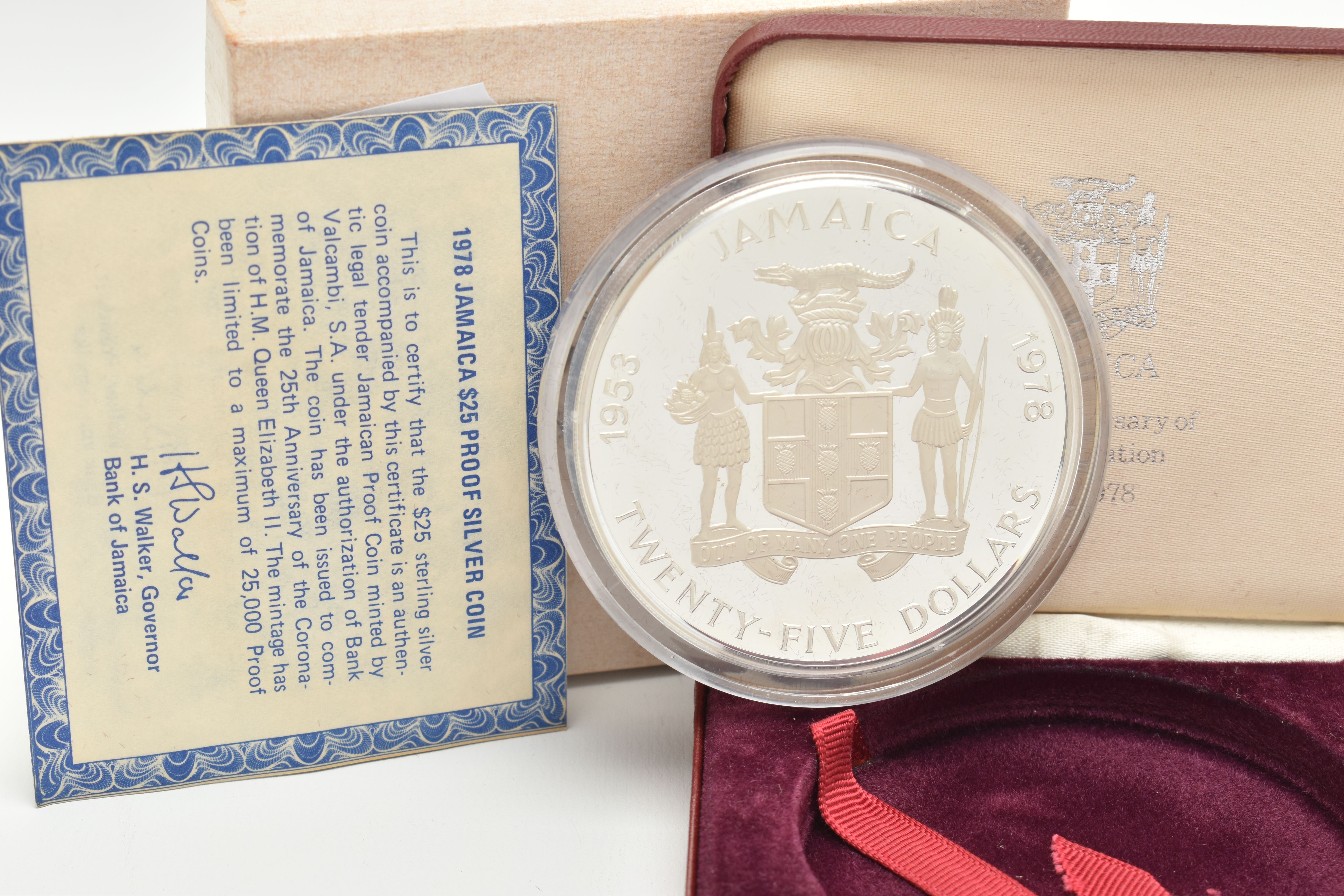 A CASED '1978 JAMAICA $25 PROOF SILVER COIN', 25th Anniversary of the coronation 1953-1978, with COA