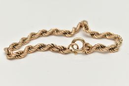 A 9CT GOLD ROPE TWIST BRACELET, fitted with a spring clasp, hallmarked 9ct Birmingham, length 190mm,