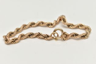 A 9CT GOLD ROPE TWIST BRACELET, fitted with a spring clasp, hallmarked 9ct Birmingham, length 190mm,