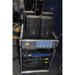 A 16U FLIGHTCASED RACK containing two Skytec Pro600 power amplifiers, a Cloud Z4 mk2 Venue Mixer,